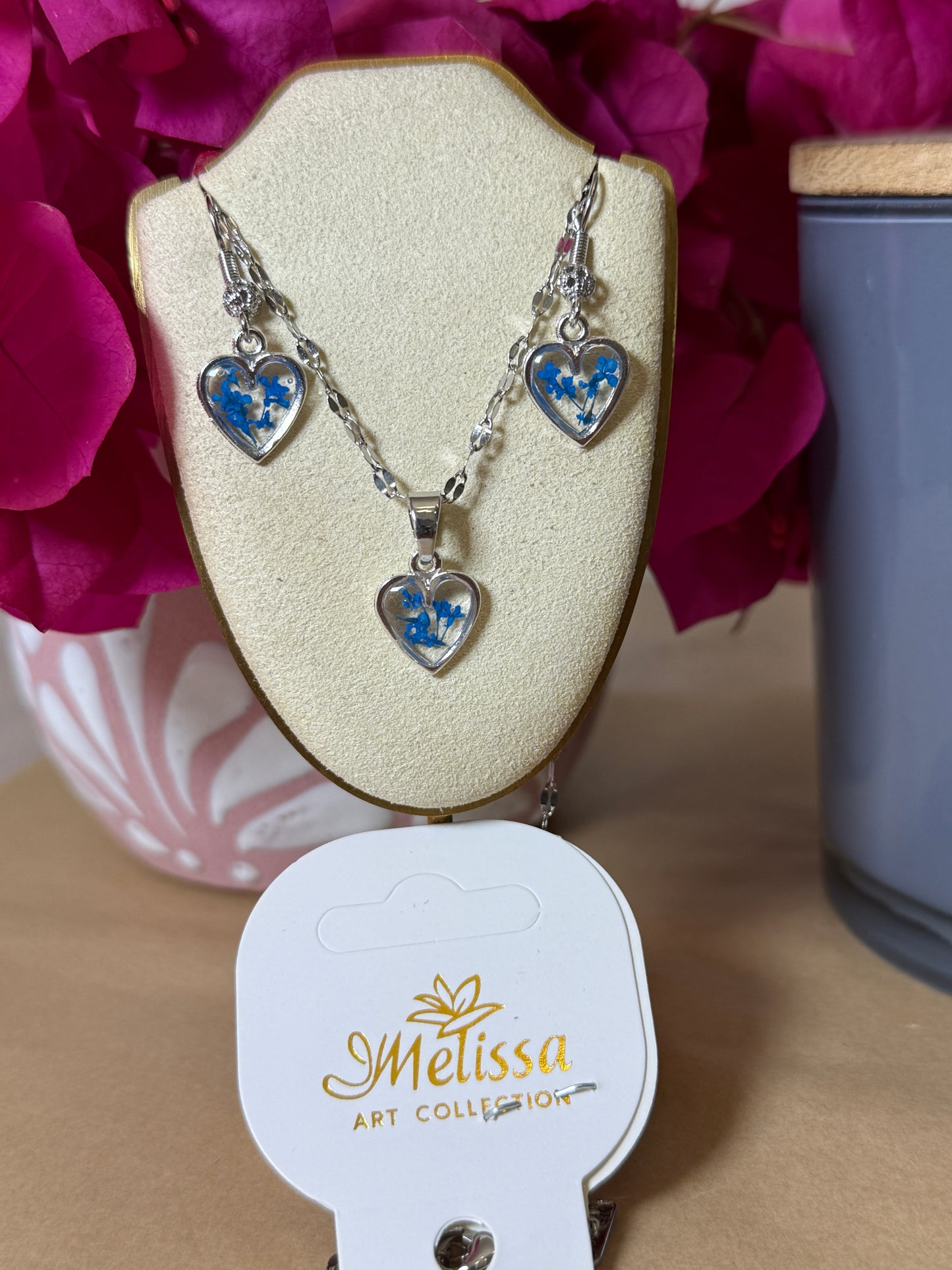 Handmade Real Pressed Blue Flower Heart Necklace – Silver-Tone Rhinestone Pendant