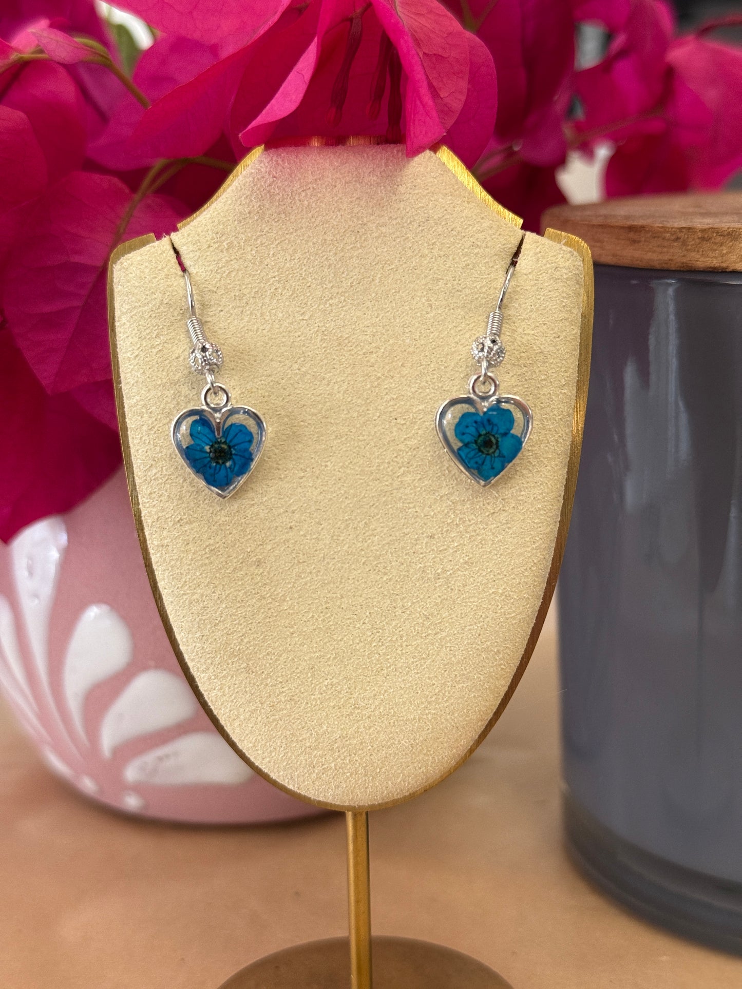 Handmade Real Pressed Blue Flower Heart Necklace – Silver-Tone Rhinestone Pendant