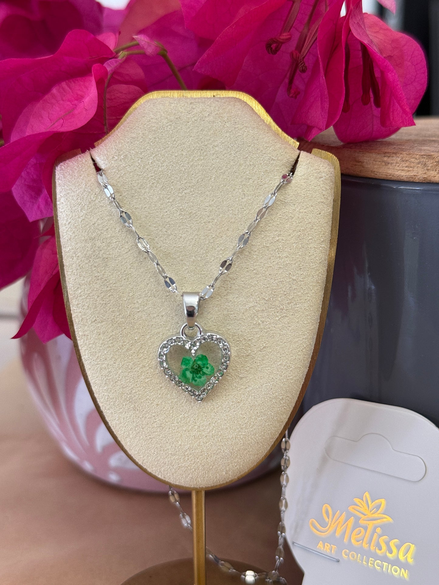Handmade Real Pressed Green Flower Heart Necklace – Silver-Tone Rhinestone Pendant