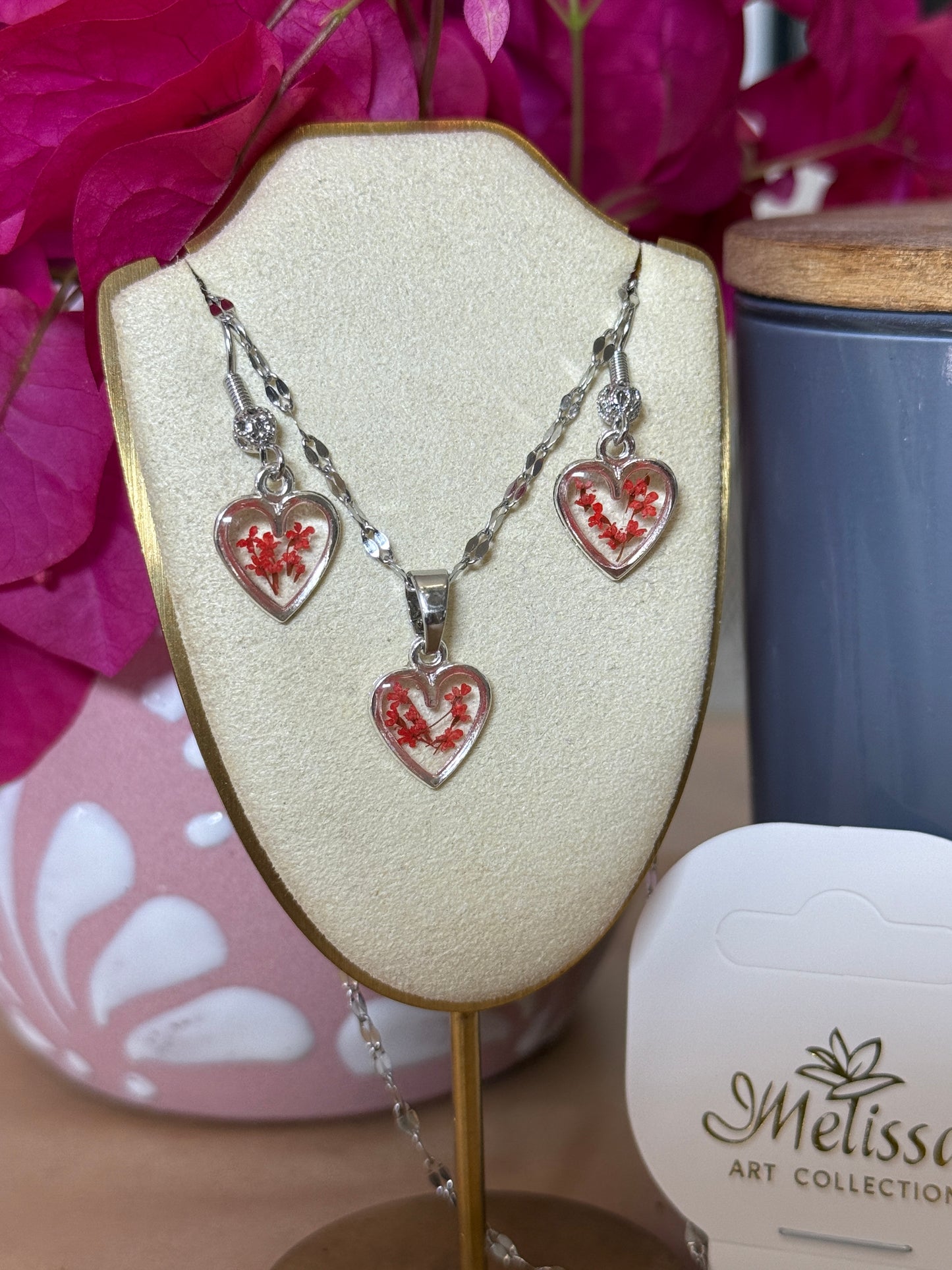 Handmade Real Pressed Red Flowers Heart Necklace – Silver Tone