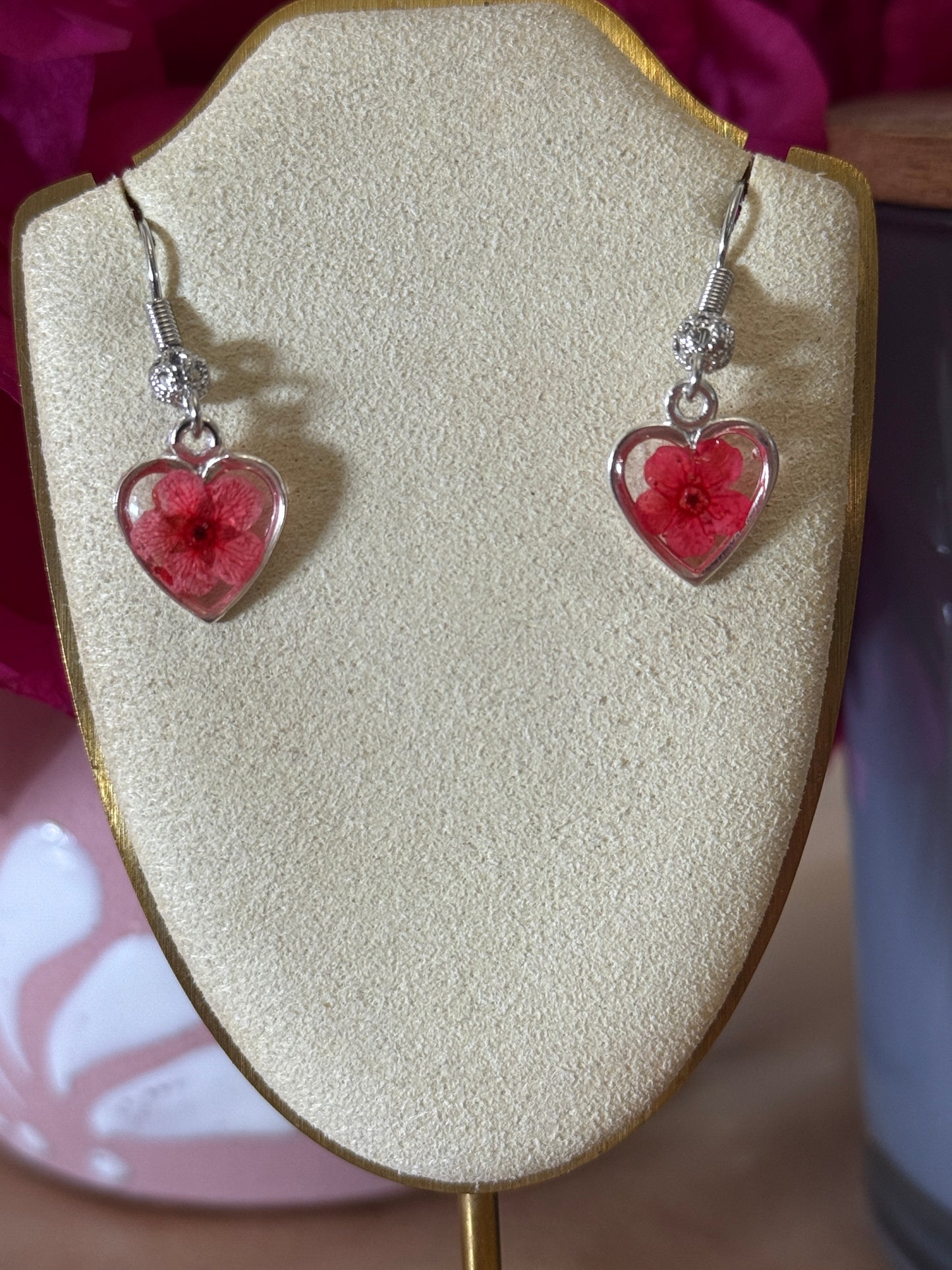 Handmade Real Pressed Red Flower Heart Necklace – Silver Tone