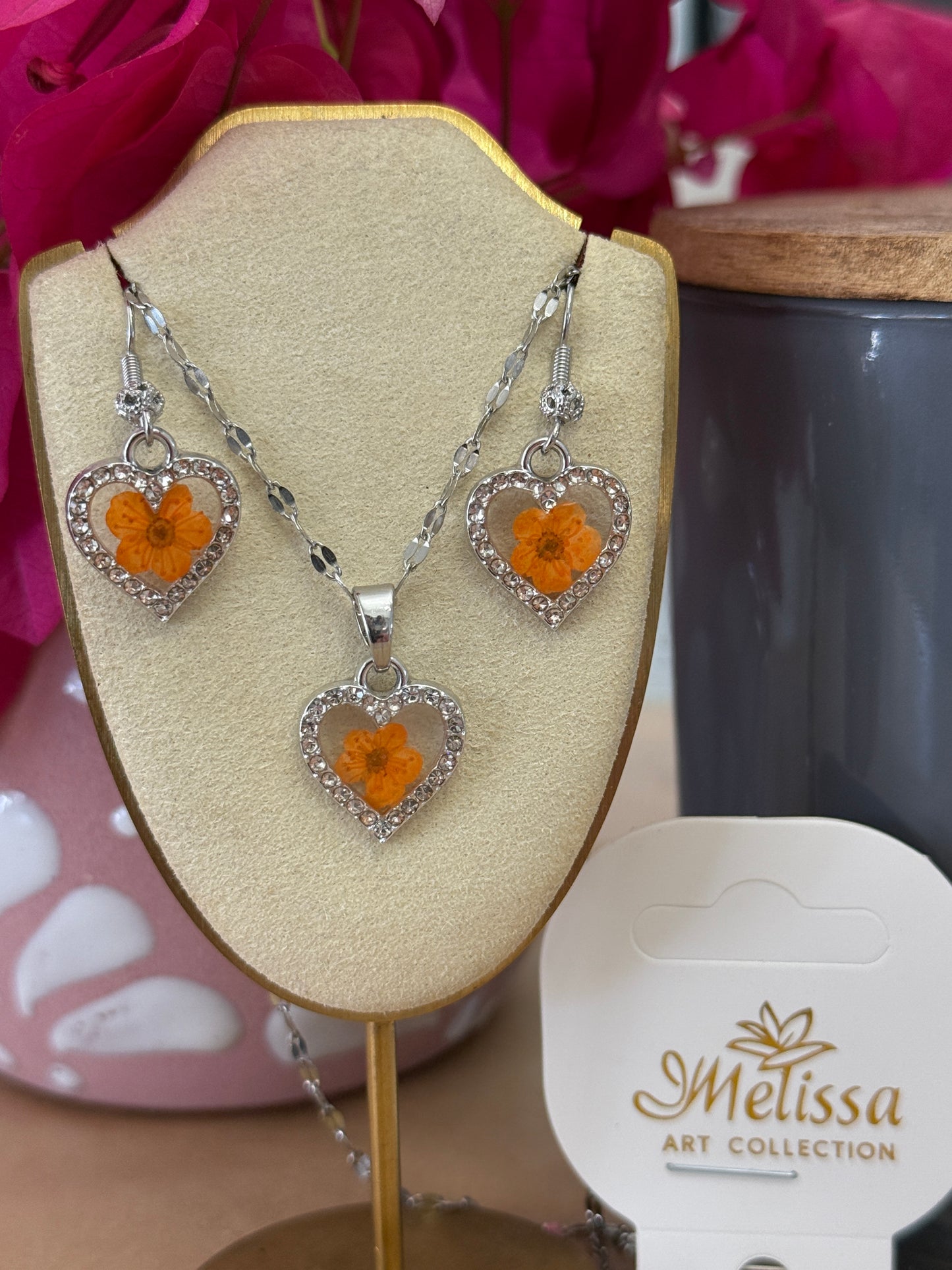 Handmade Real Pressed Orange Flower Heart Necklace – Silver-Tone Rhinestone Pendant