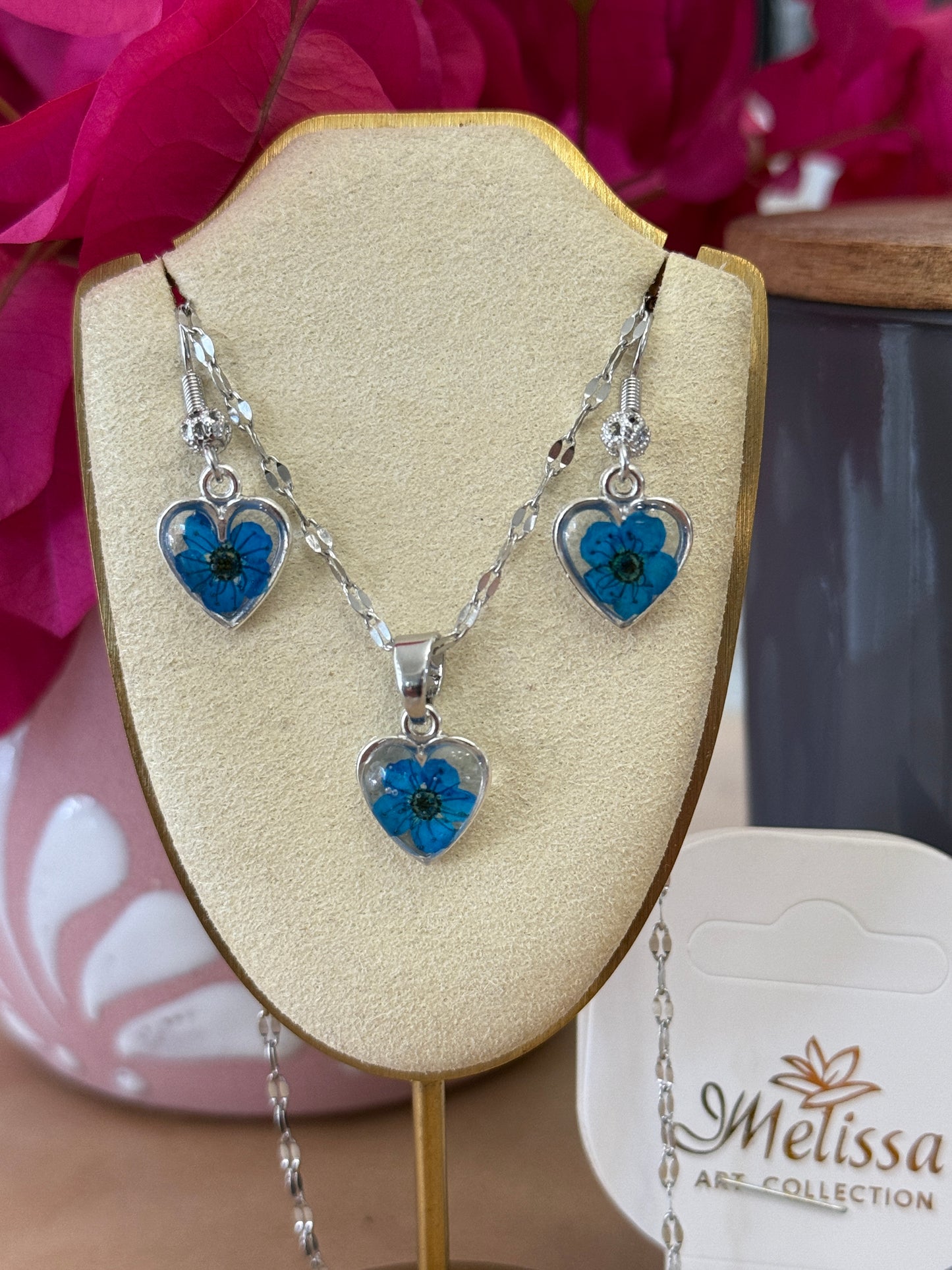 Handmade Real Pressed Blue Flower Heart Necklace – Silver-Tone Rhinestone Pendant