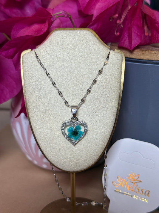 Handmade Real Pressed Blue Flower Heart Necklace – Silver-Tone Rhinestone Pendant