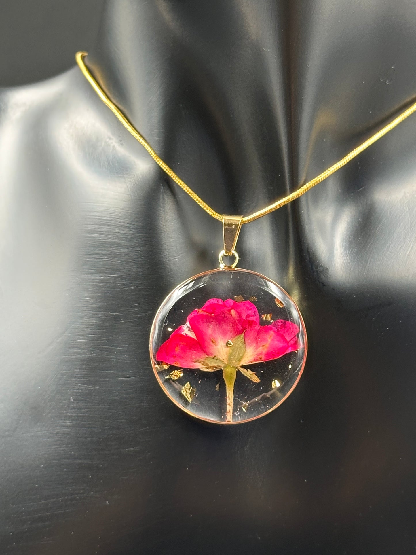 June Rose Month Flower Necklace, Birth Flower Necklace, Handmade Pressed Real Flower Necklace, Unique Gift, Gold Snake Chain - Melissa Art Collection