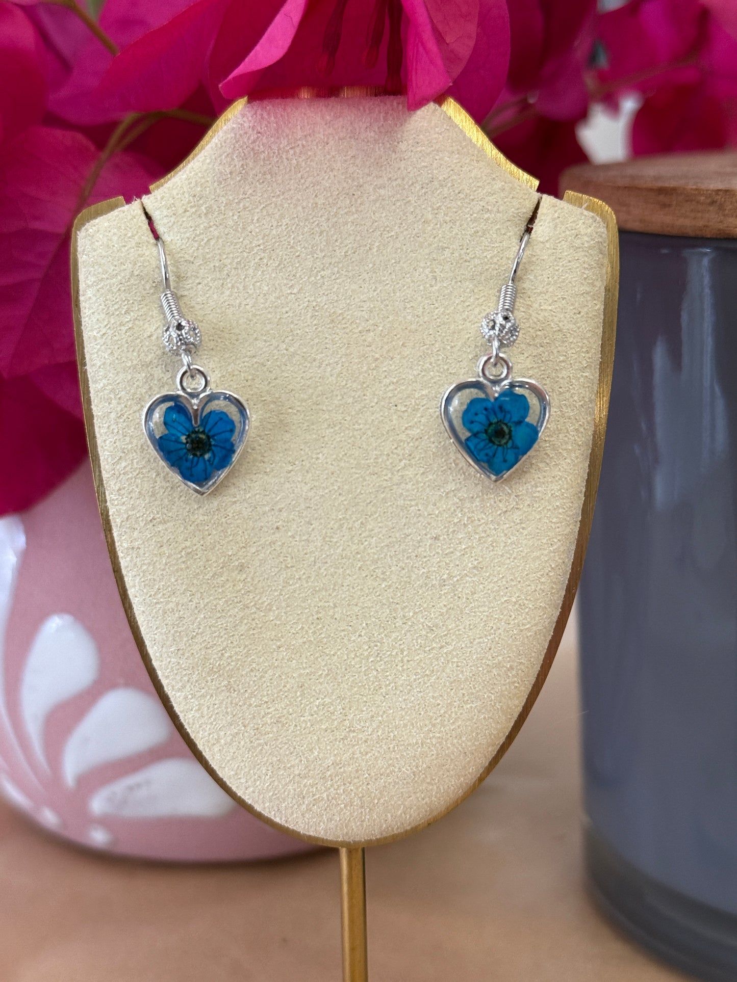 Handmade Real Pressed Blue Flower Heart Necklace – Silver-Tone Rhinestone Pendant