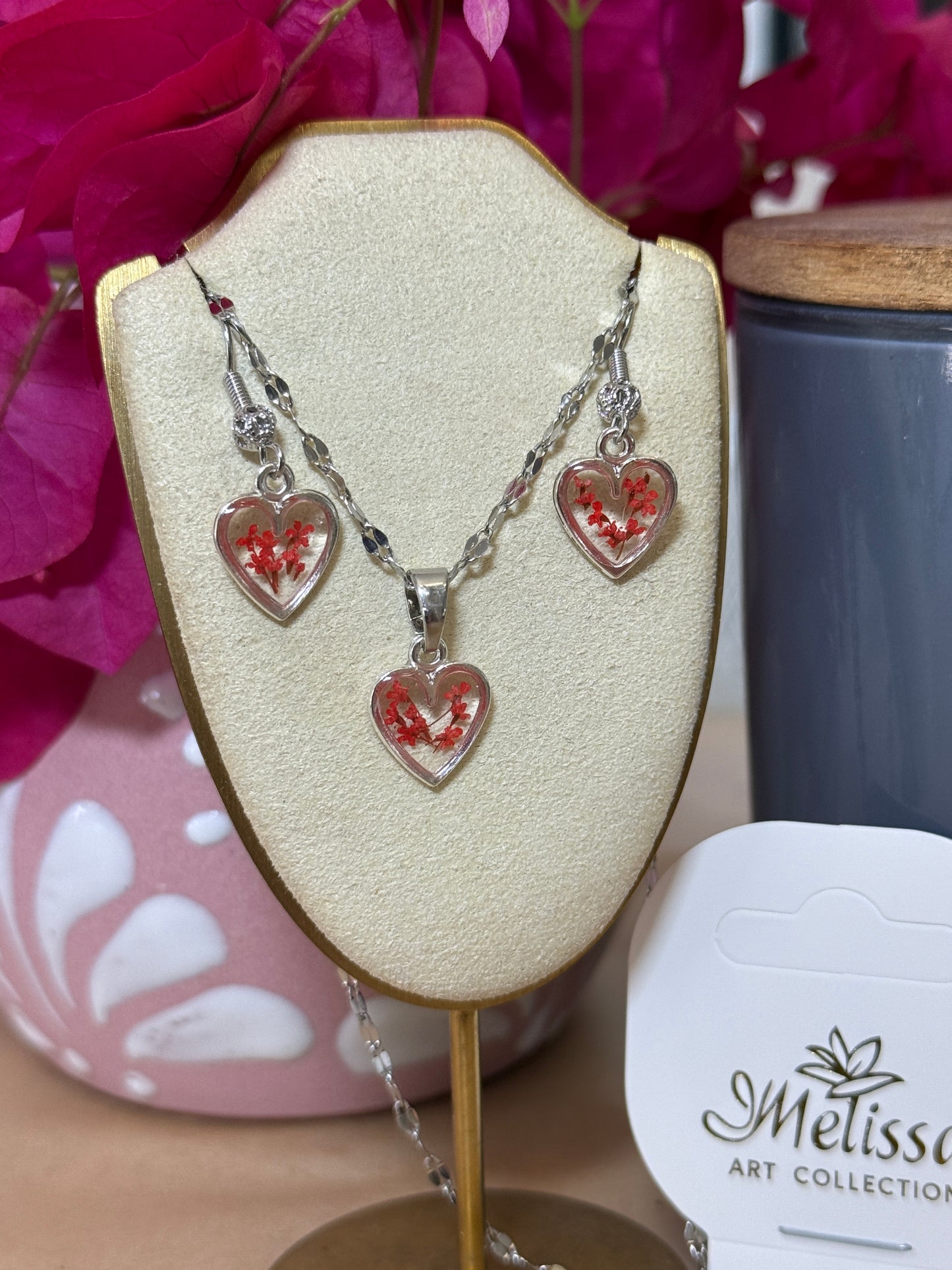 Handmade Real Pressed Red Flowers Heart Necklace – Silver Tone
