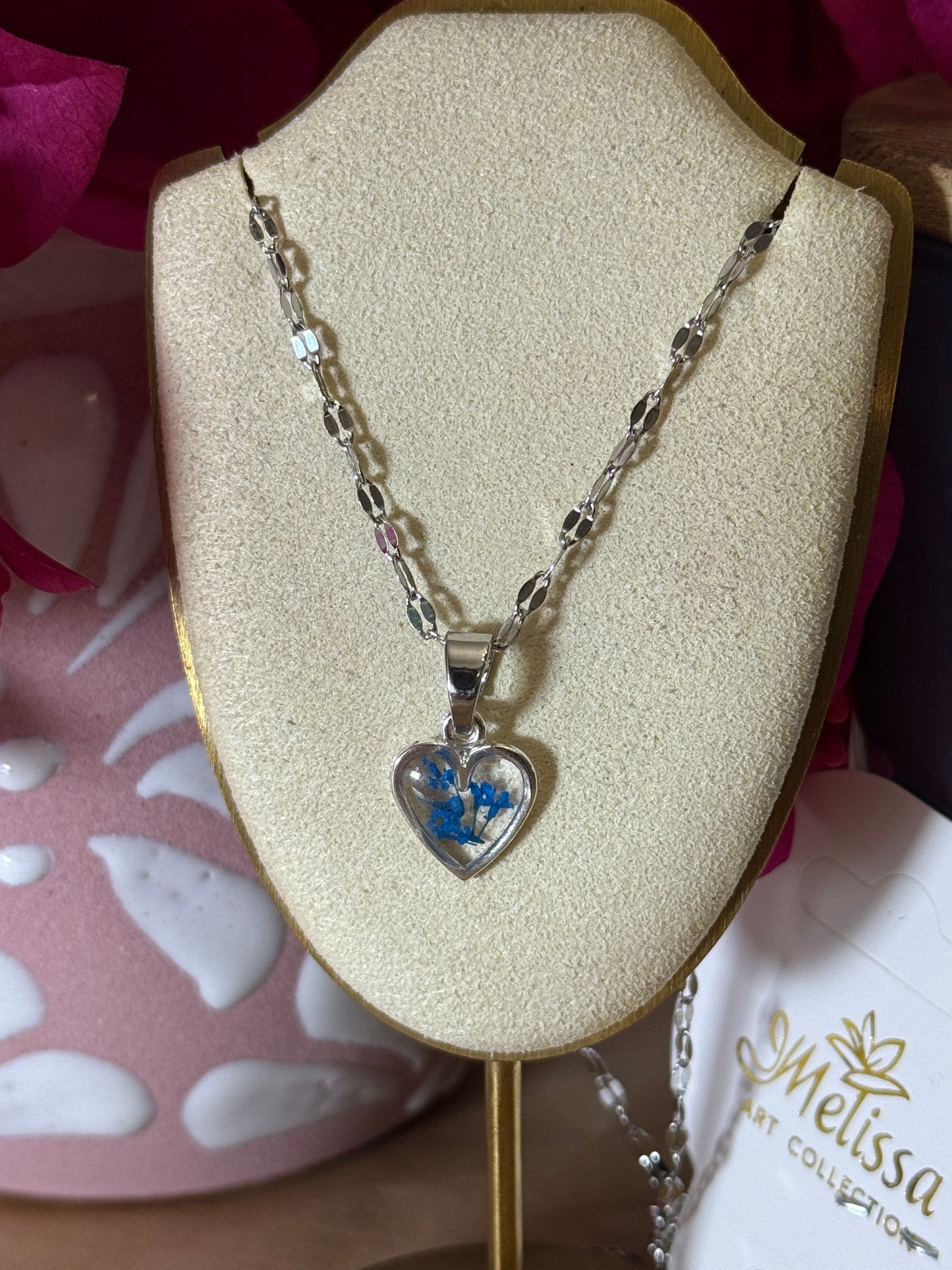 Handmade Real Pressed Blue Flower Heart Necklace – Silver-Tone Rhinestone Pendant