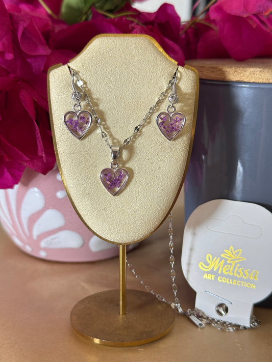Handmade Real Pressed Purple Flower Heart Necklace – Silver Tone