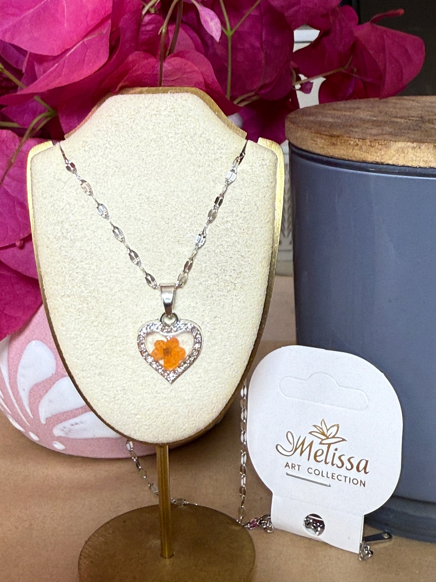 Handmade Real Pressed Orange Flower Heart Necklace – Silver-Tone Rhinestone Pendant