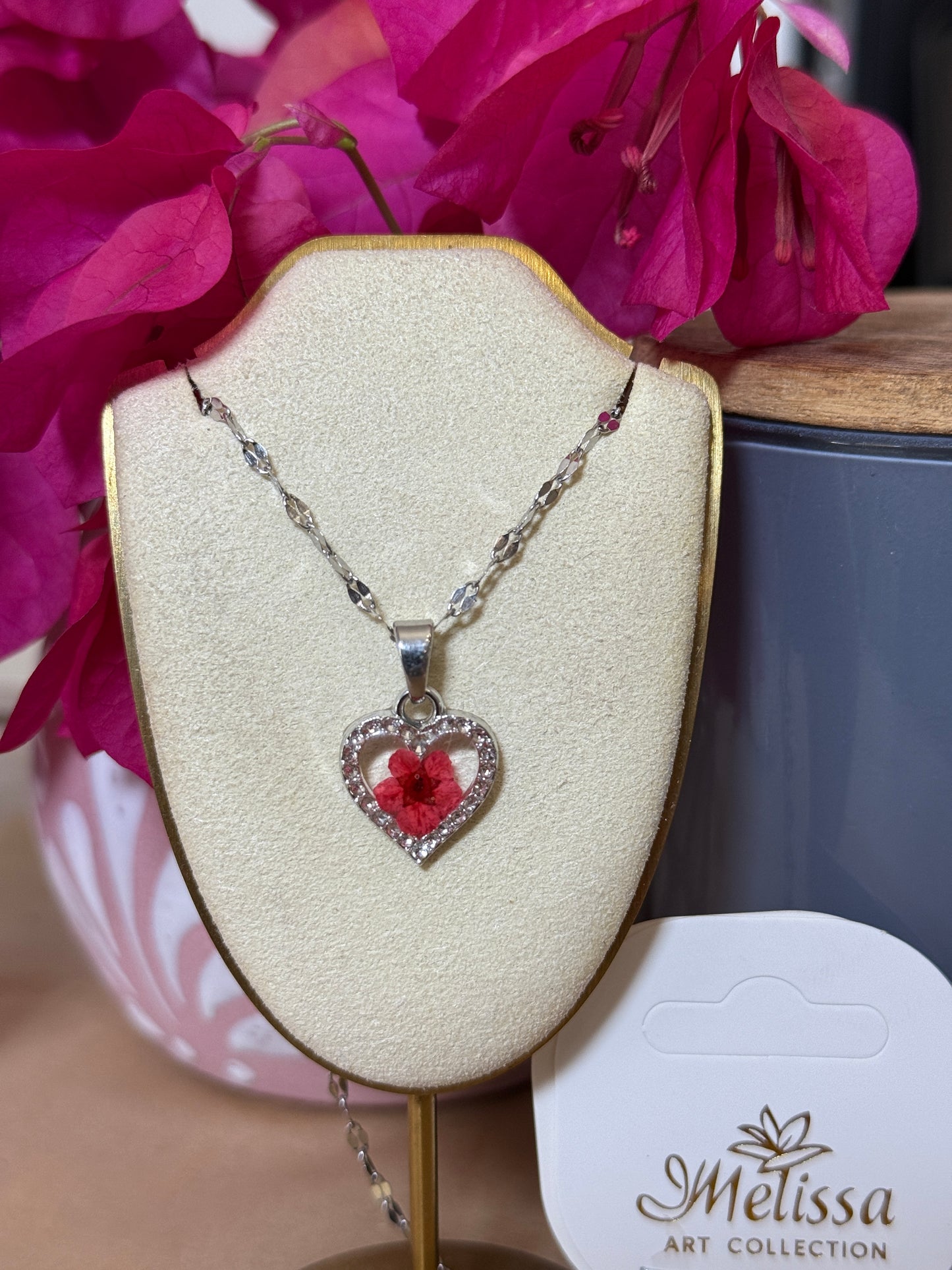 Handmade Real Pressed Red Flower Heart Necklace – Silver-Tone Rhinestone Pendant