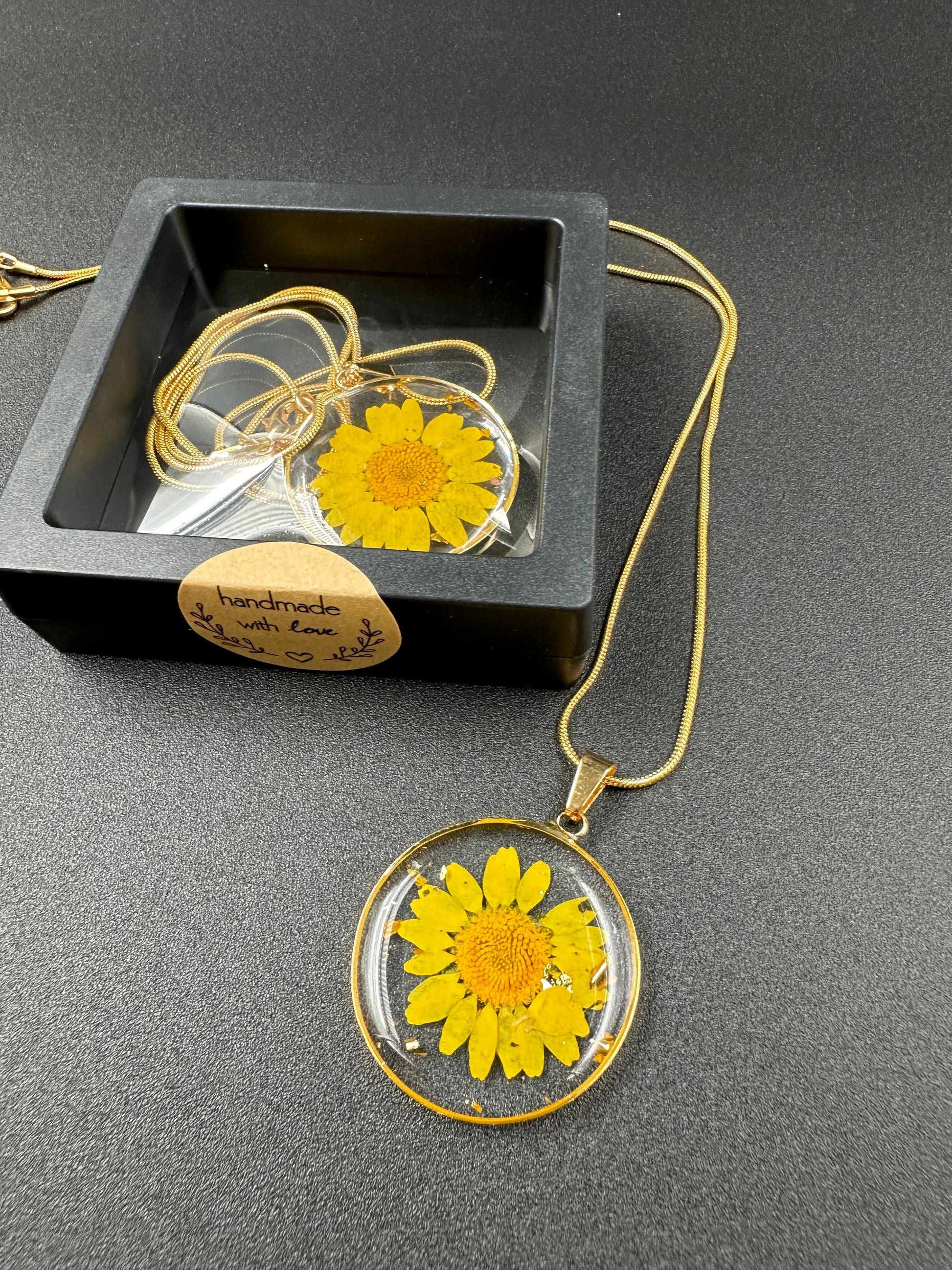 October Marigold Month  Flower Necklace, Birth Flower Necklace,Handmade Pressed Real Flower Necklace, Unique Holiday Gift, Snake Gold Chain - Melissa Art Collection