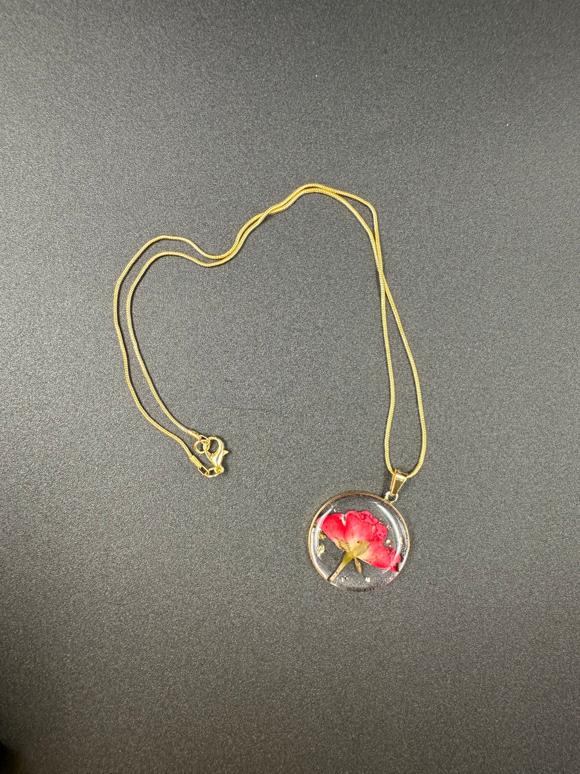 June Rose Month Flower Necklace, Birth Flower Necklace, Handmade Pressed Real Flower Necklace, Unique Gift, Gold Snake Chain - Melissa Art Collection