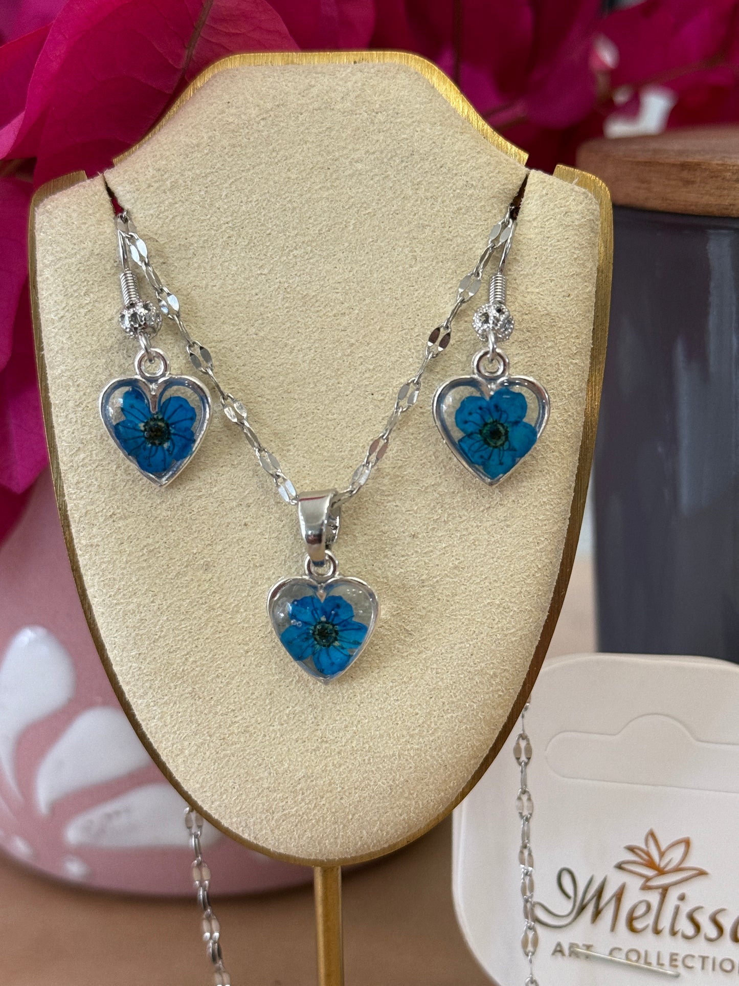 Handmade Real Pressed Blue Flower Heart Necklace – Silver-Tone Rhinestone Pendant