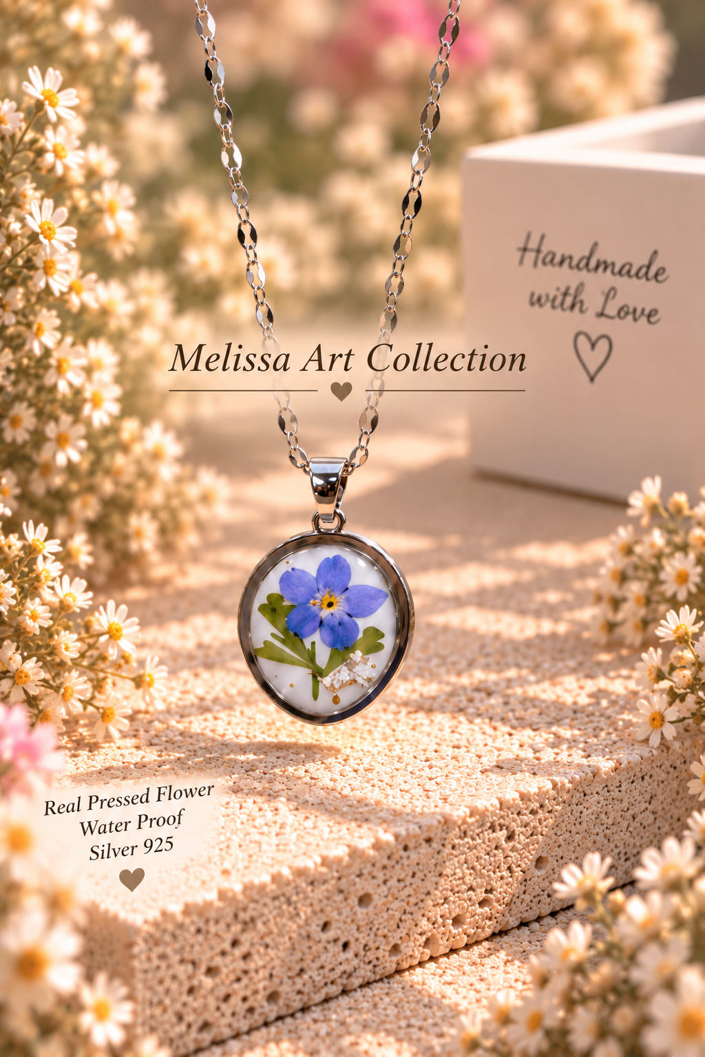 🔵 Blue Floral Oval Necklace