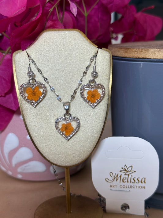 Handmade Real Pressed Orange Flower Heart Necklace – Silver-Tone Rhinestone Pendant