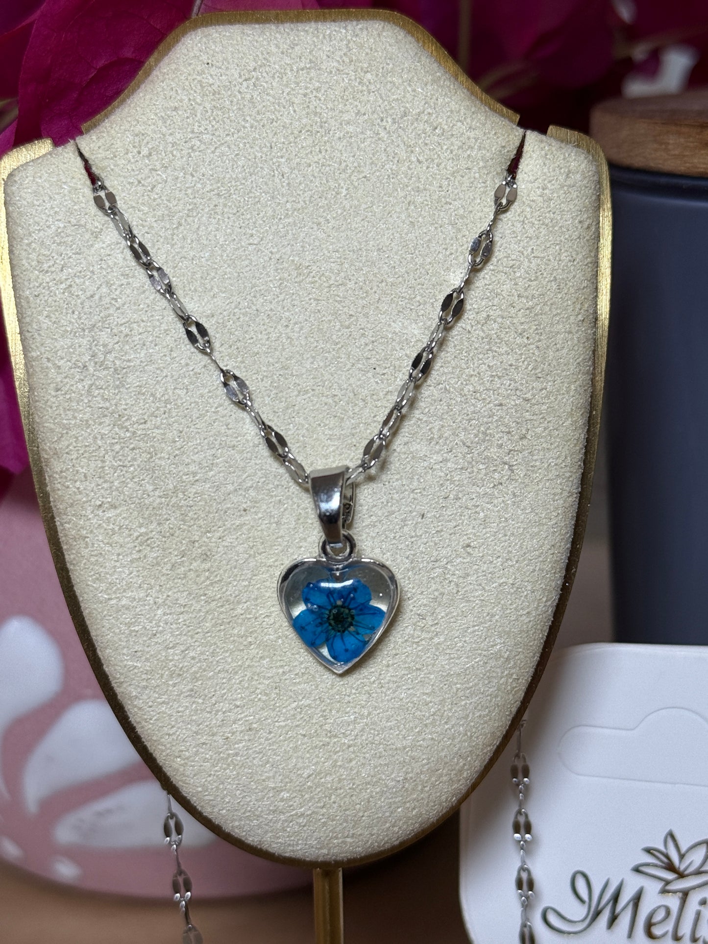 Handmade Real Pressed Blue Flower Heart Necklace – Silver Tone