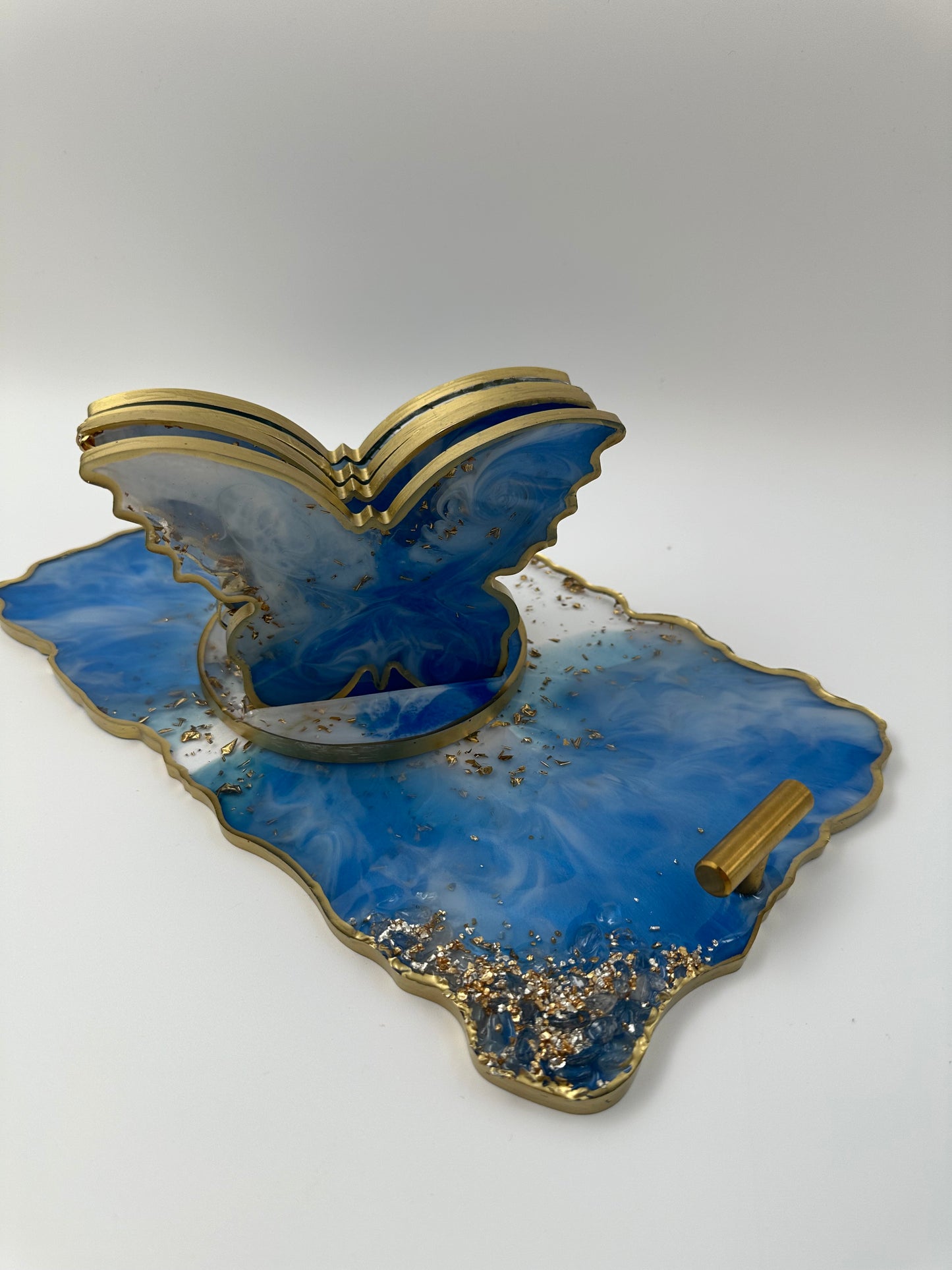 Sparkle resin serving set, Butterfly Coasters, Fancy resin Trays made by hand, Blue and gold resin, Birthday gifts - Melissa Art Collection