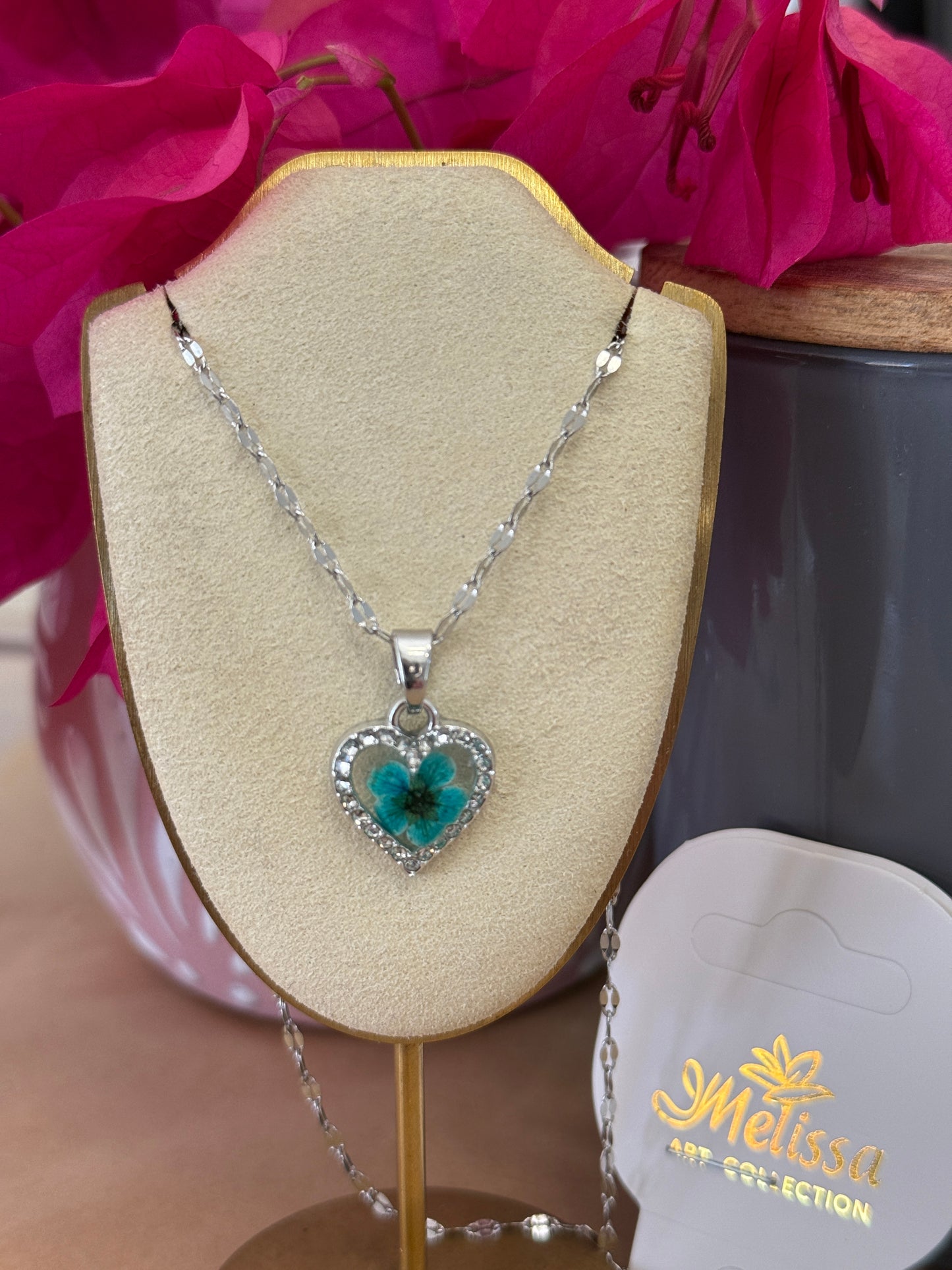 Handmade Real Pressed Blue Flower Heart Necklace– Silver-Tone Rhinestone Pendant
