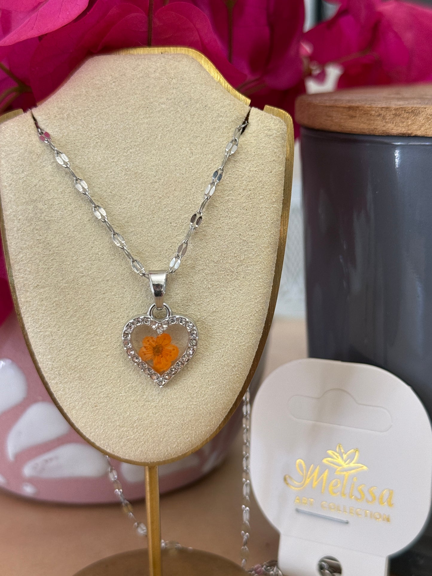 Handmade Real Pressed Orange Flower Heart Necklace – Silver-Tone Rhinestone Pendant