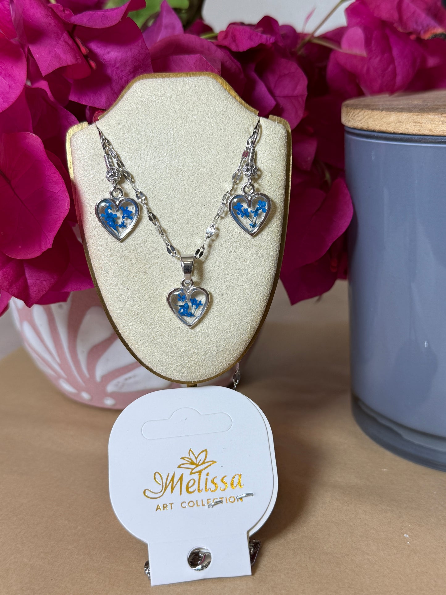 Handmade Real Pressed Blue Flower Heart Necklace – Silver-Tone Rhinestone Pendant