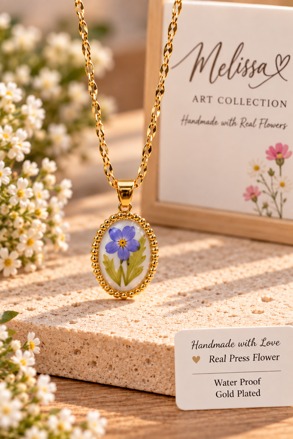 🔵 Blue Floral Oval Necklace