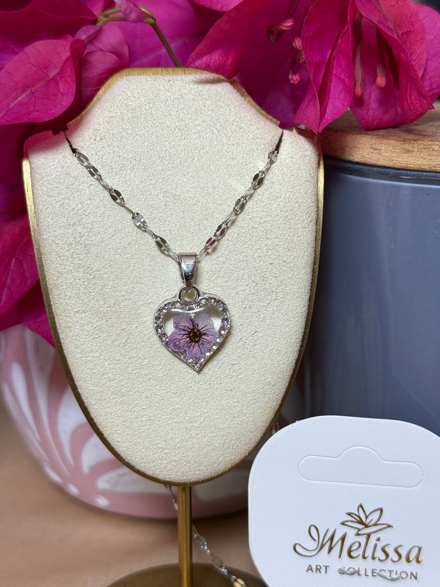 Real Pressed Purple Flower Heart Necklace – Silver-Tone Rhinestone Pendant