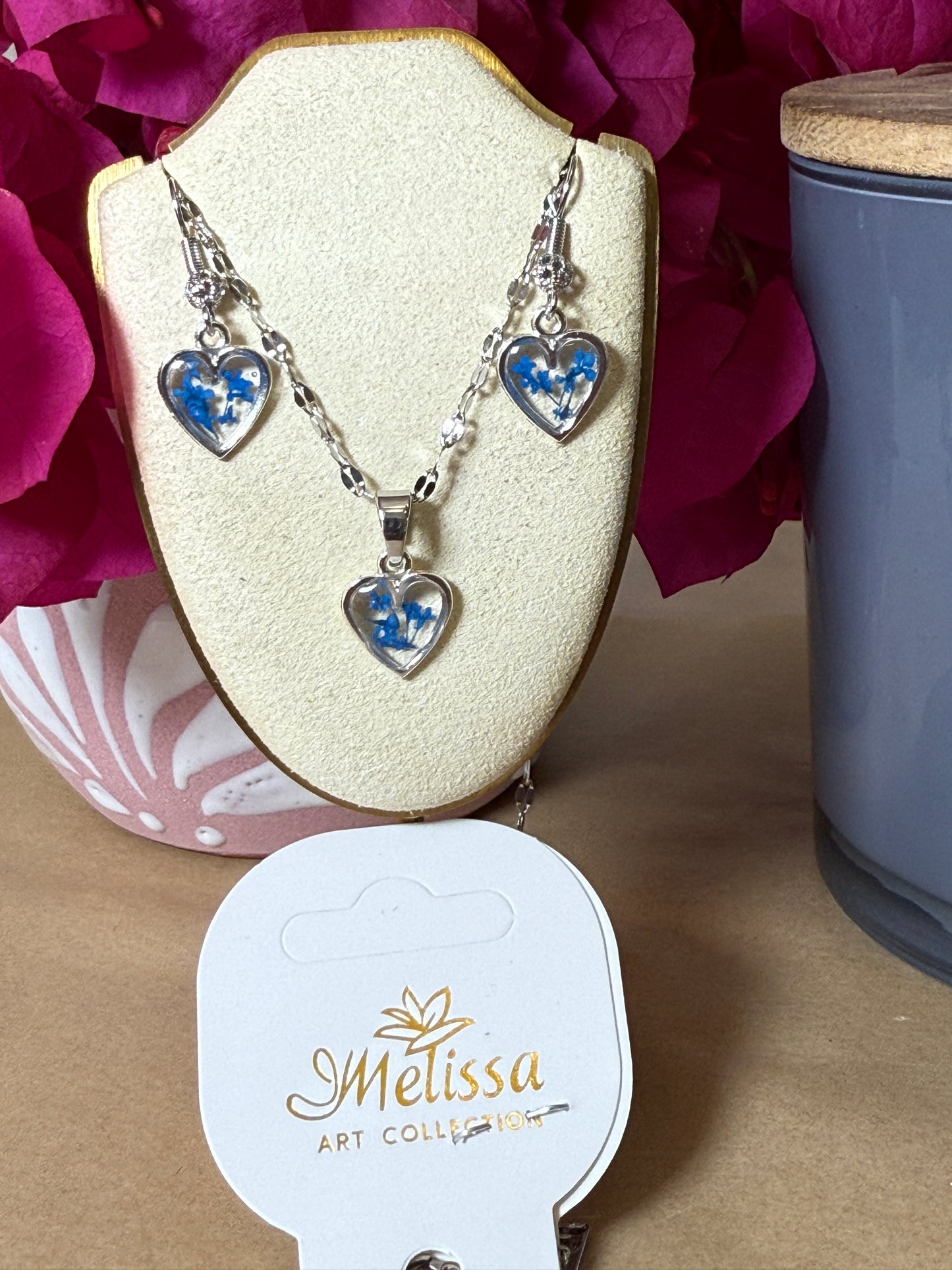Handmade Real Pressed Blue Flowers Heart Necklace – Silver Tone