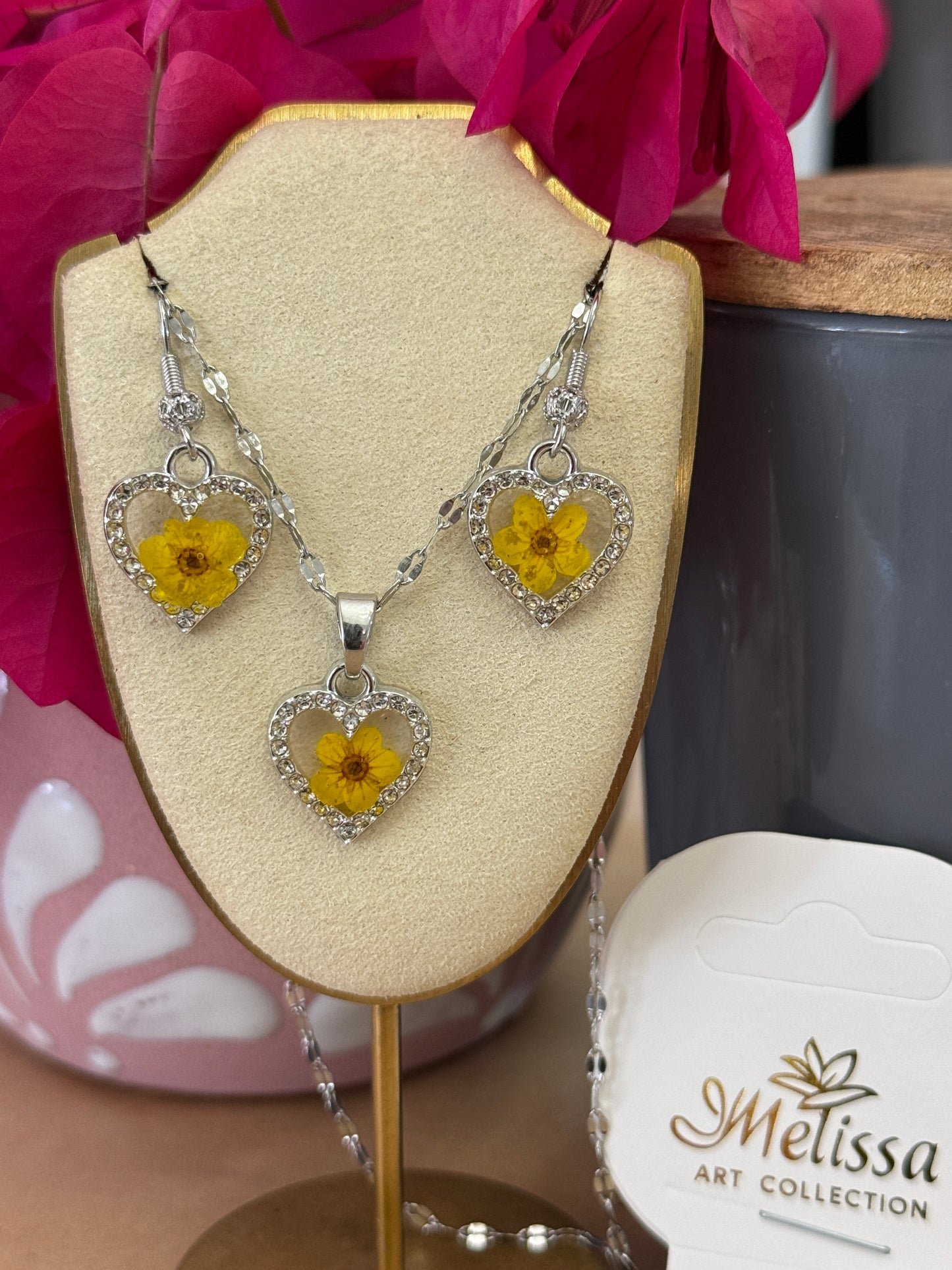 Handmade Real Pressed Yellow Flower Heart Necklace– Silver-Tone Rhinestone Pendant