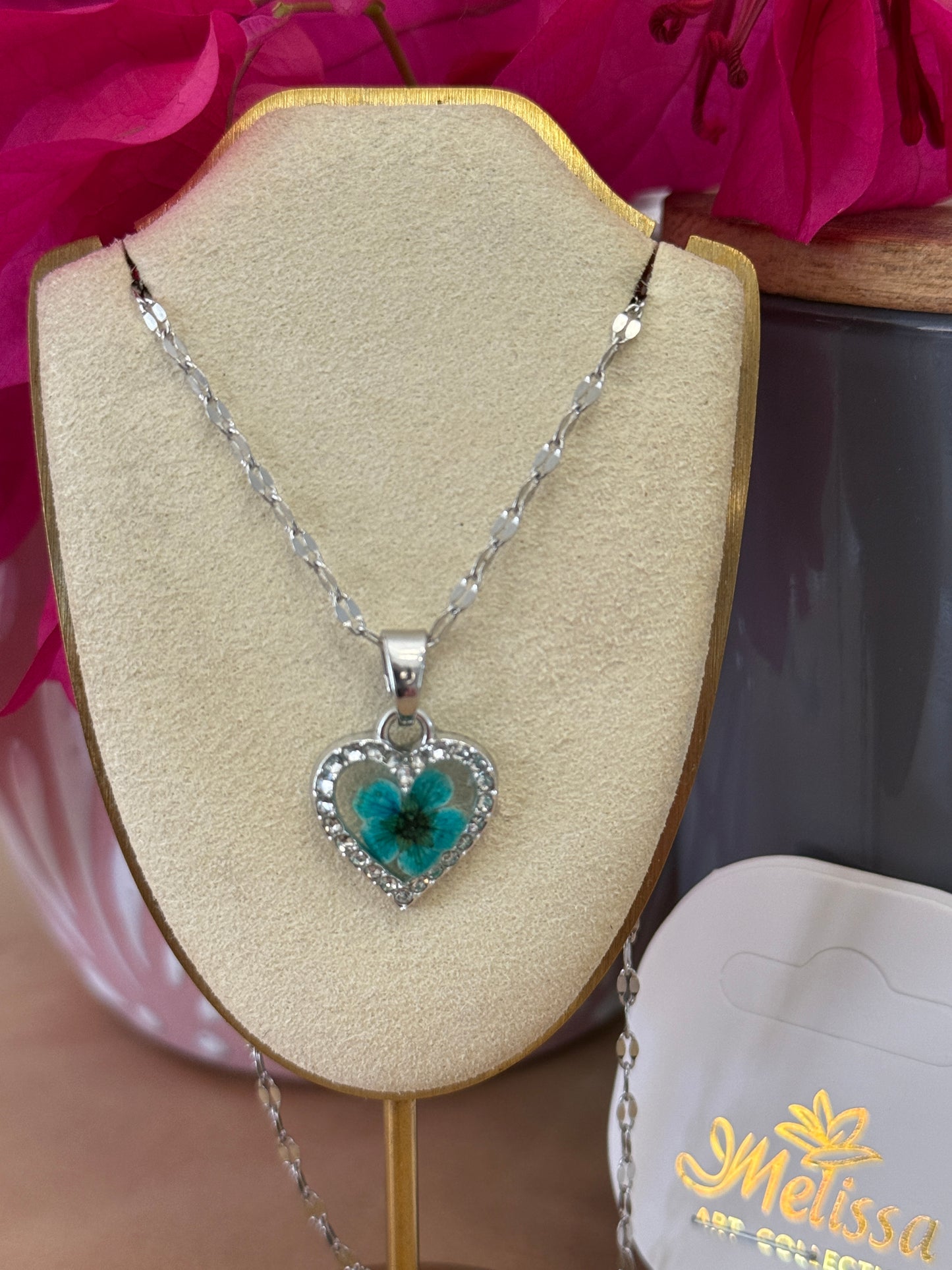 Handmade Real Pressed Blue Flower Heart Necklace – Silver-Tone Rhinestone Pendant