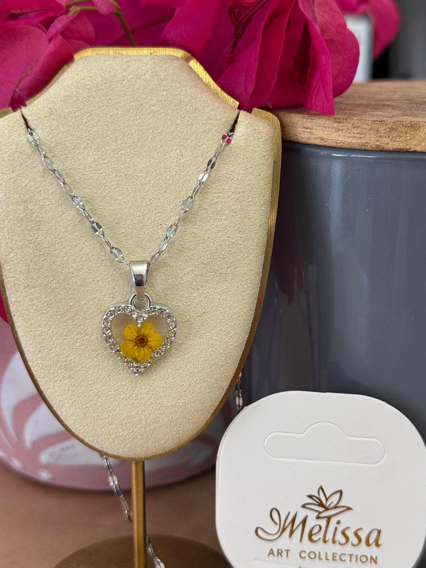 Handmade Real Pressed Yellow Flower Heart Necklace– Silver-Tone Rhinestone Pendant