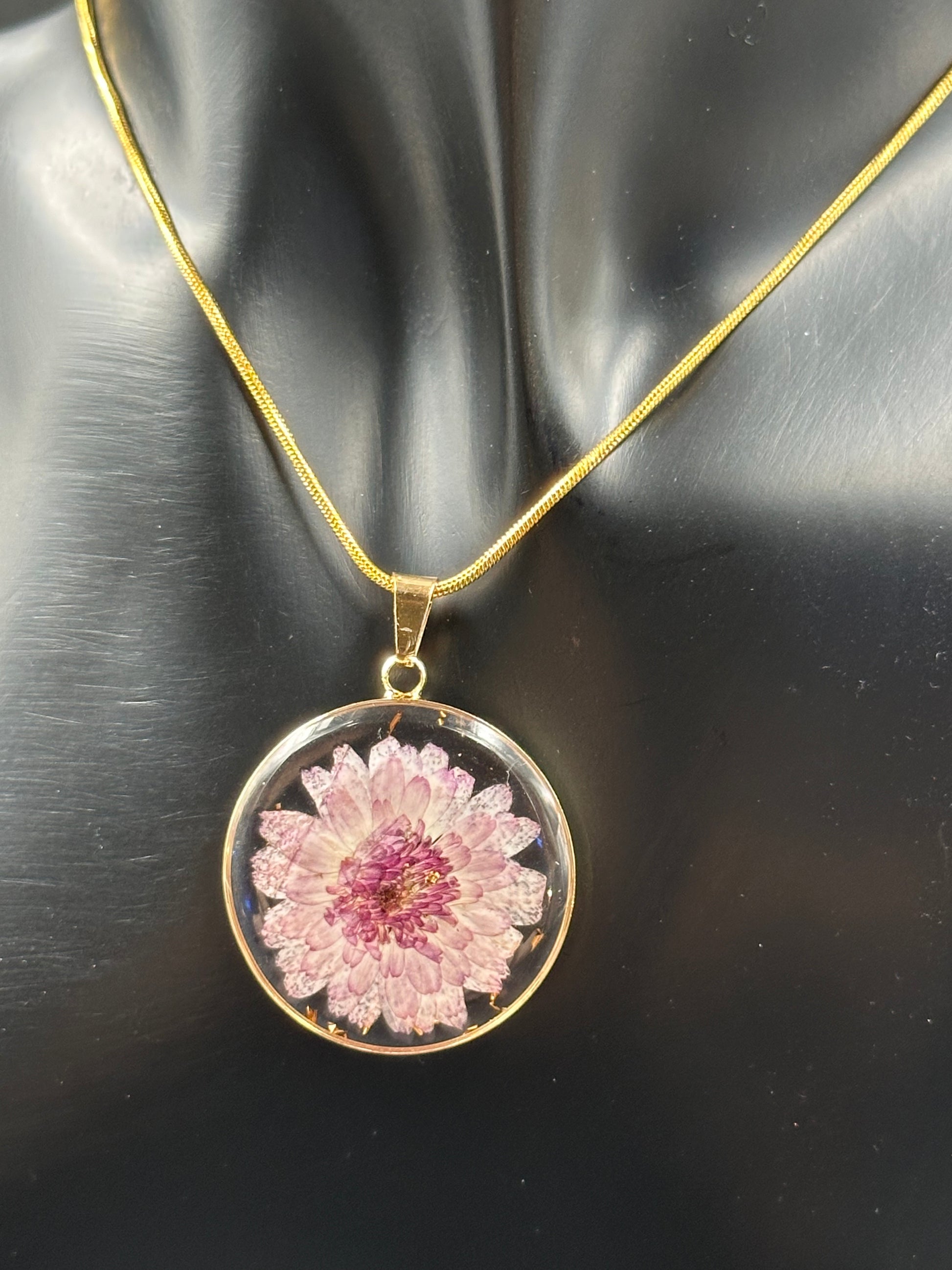 November Purple Chrysanthemum Flower Necklace, Birth Flower Necklace, Handmade Pressed Real Flower Necklace, Unique Gift, Gold Snake Chain - Melissa Art Collection