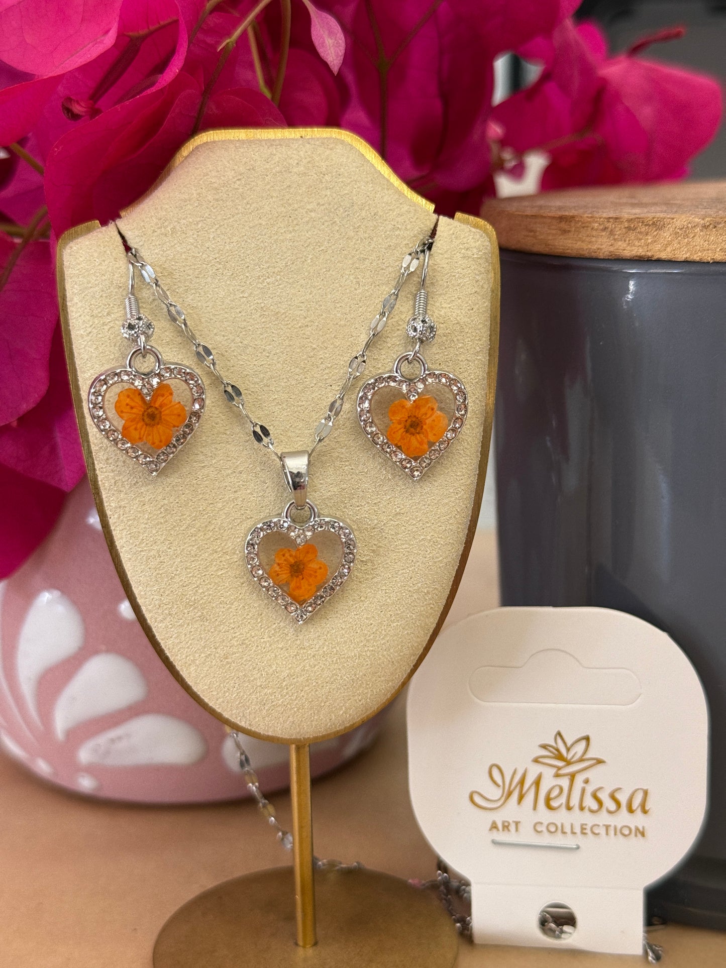 Handmade Real Pressed Orange Flower Heart Necklace – Silver-Tone Rhinestone Pendant