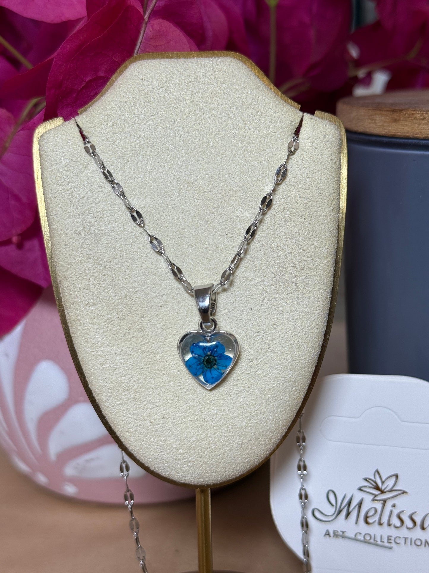 Handmade Real Pressed Blue Flower Heart Necklace – Silver-Tone Rhinestone Pendant