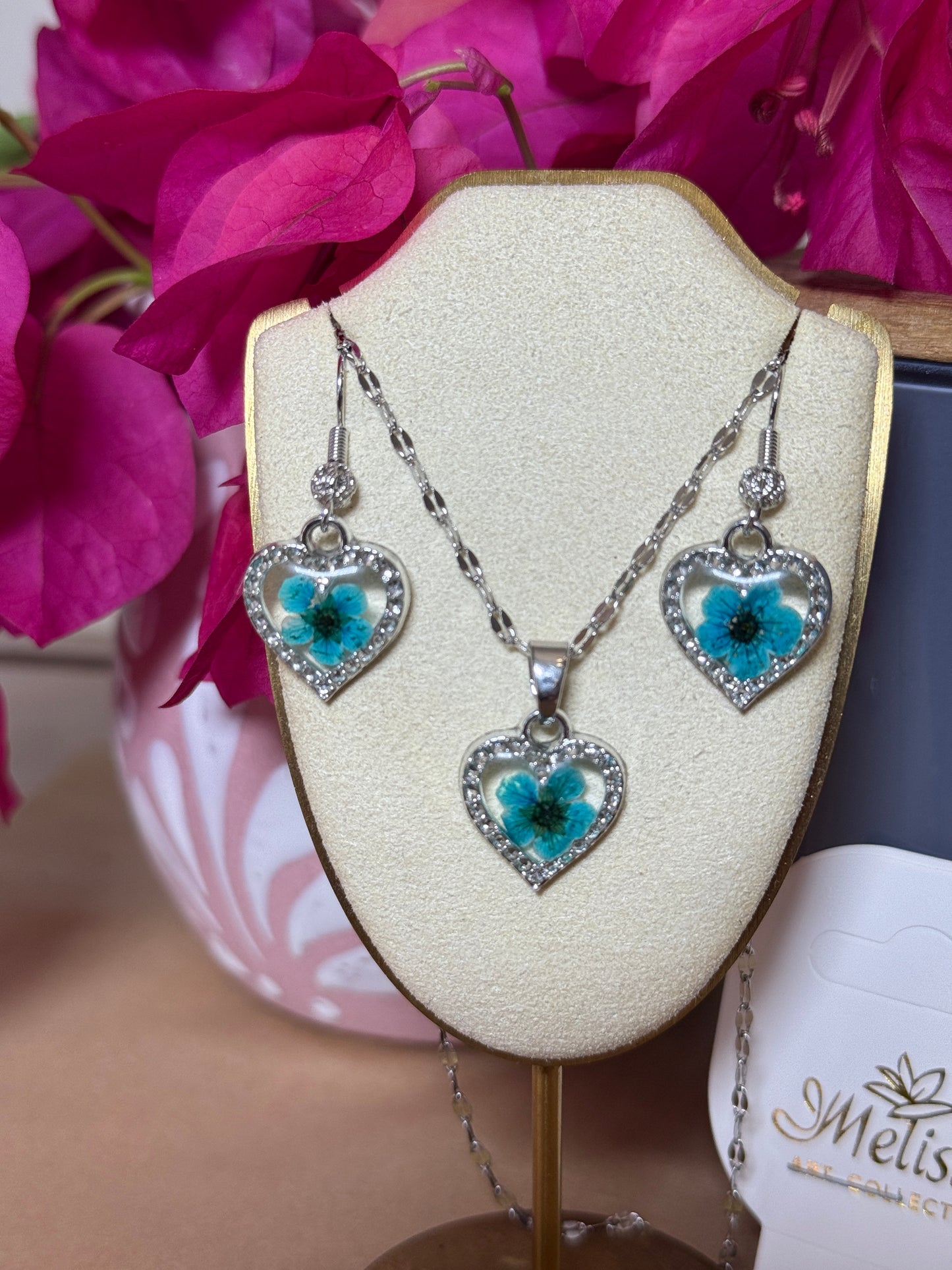 Handmade Real Pressed Blue Flower Heart Necklace – Silver-Tone Rhinestone Pendant