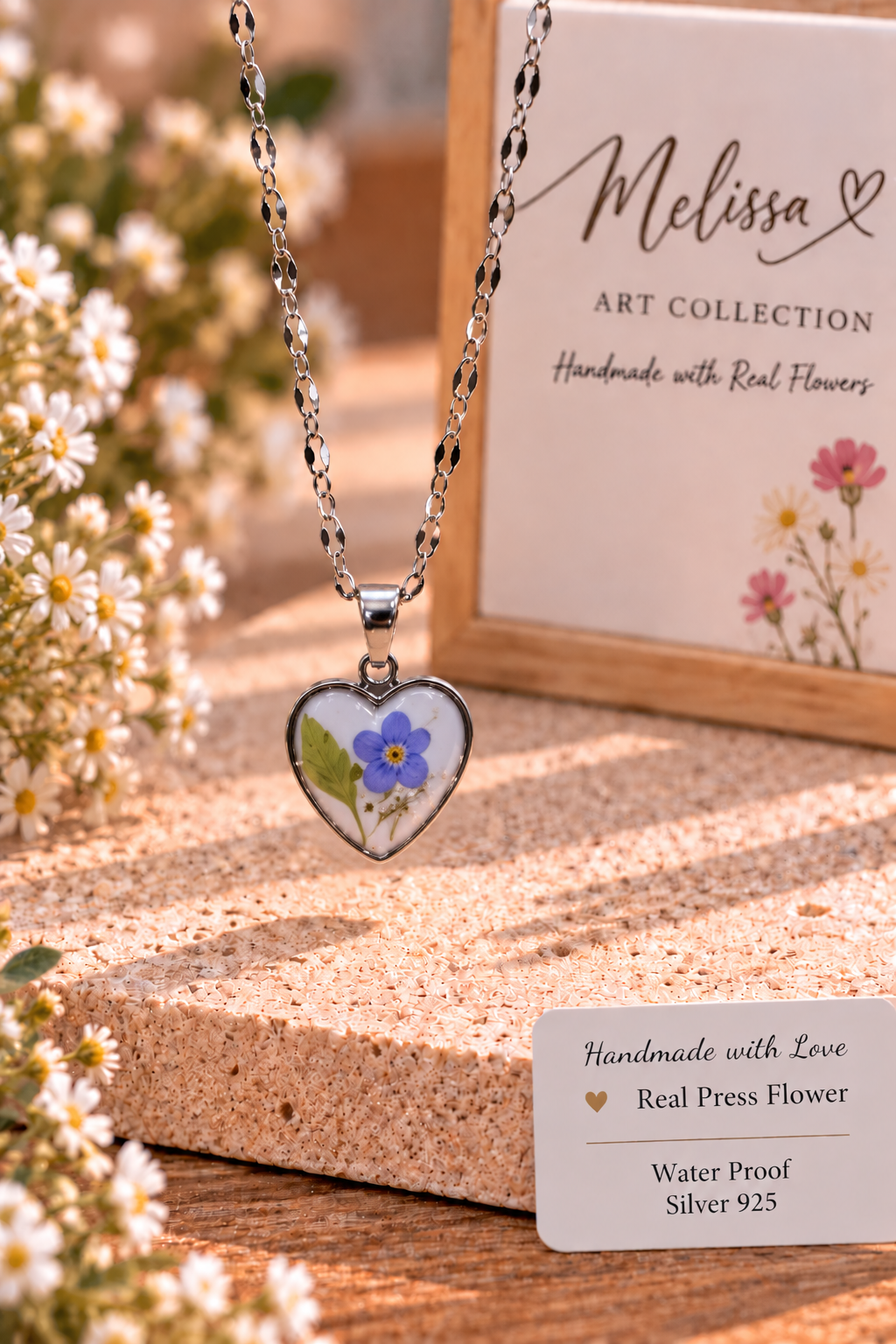 Blue Wildflower Heart Necklace