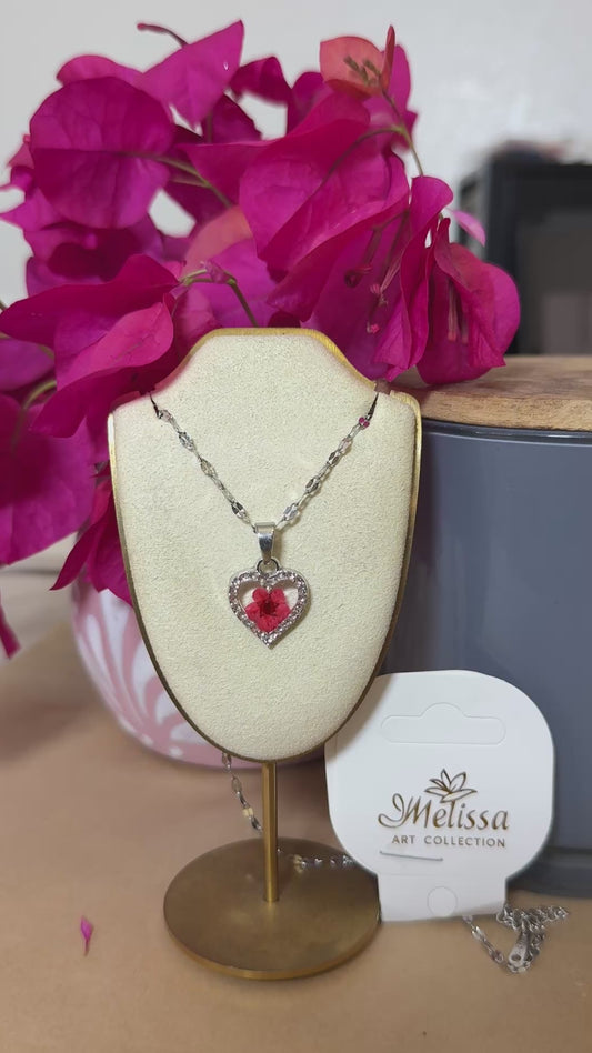 Handmade Real Pressed Red Flower Heart Necklace – Silver-Tone Rhinestone Pendant