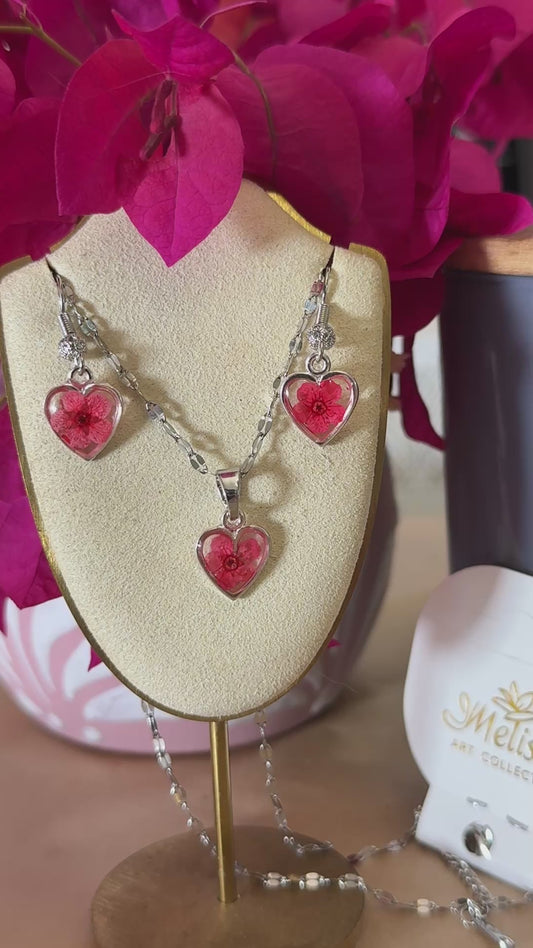Handmade Real Pressed Red Flower Heart Necklace – Silver Tone